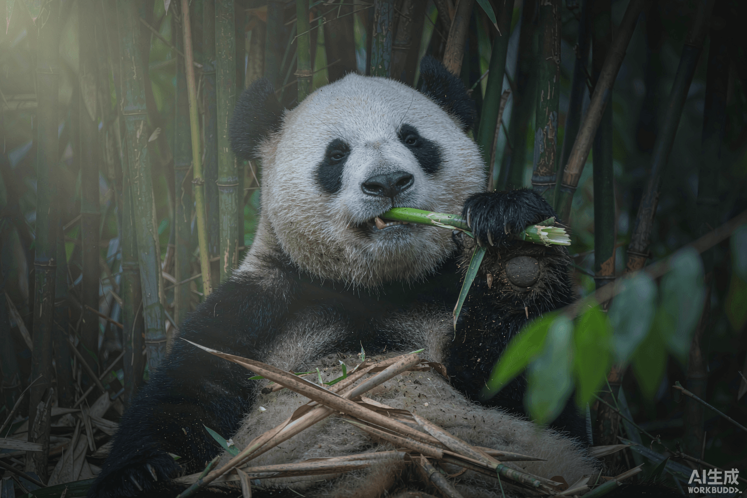 A giant panda eating bamboo in Chengdu