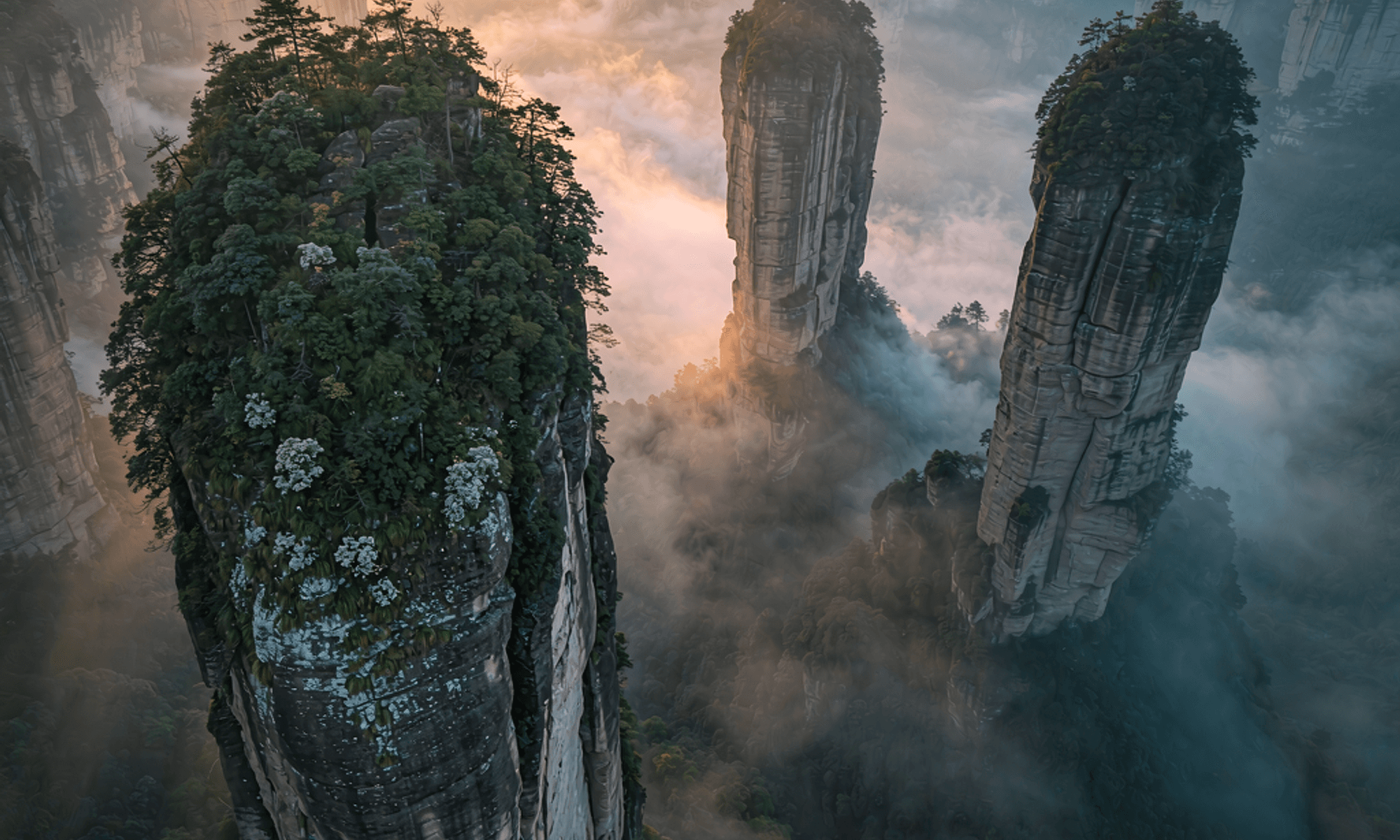 Sandstone pillars of Zhangjiajie National Forest Park rising through morning mist