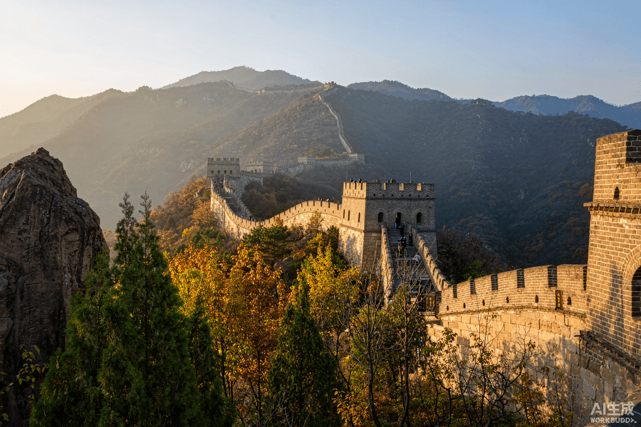The Great Wall at Mutianyu winding over forested mountains
